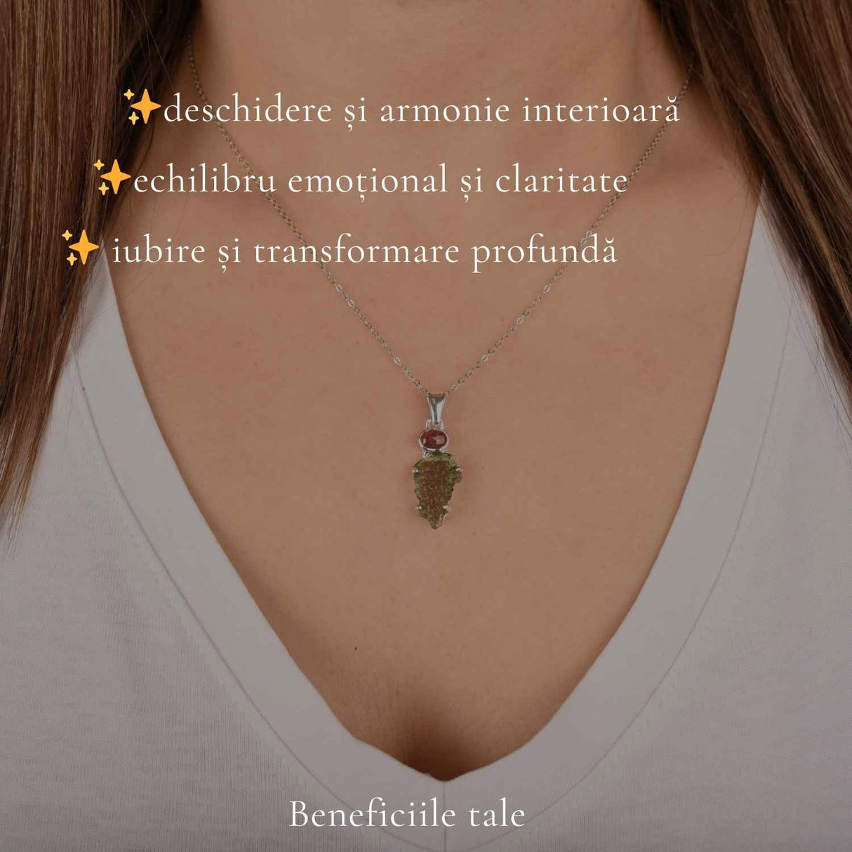 Colier argint 925 cu Moldavit si Turmalina Roz natural – Iubire, Echilibru si Transformare