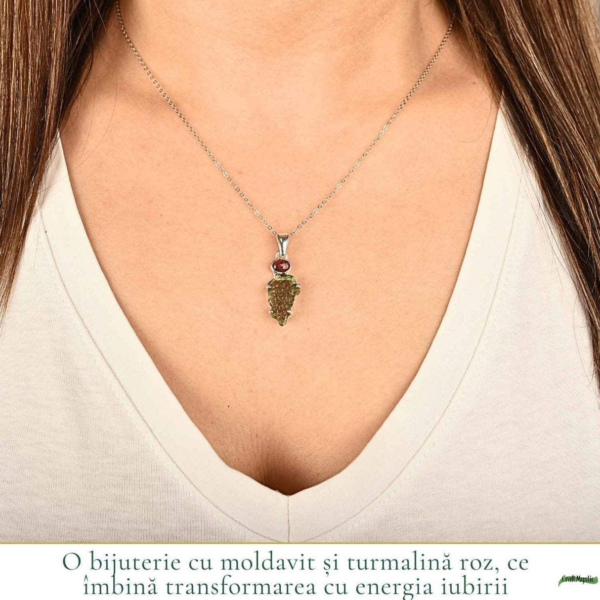 Colier argint 925 cu Moldavit si Turmalina Roz natural – Iubire, Echilibru si Transformare