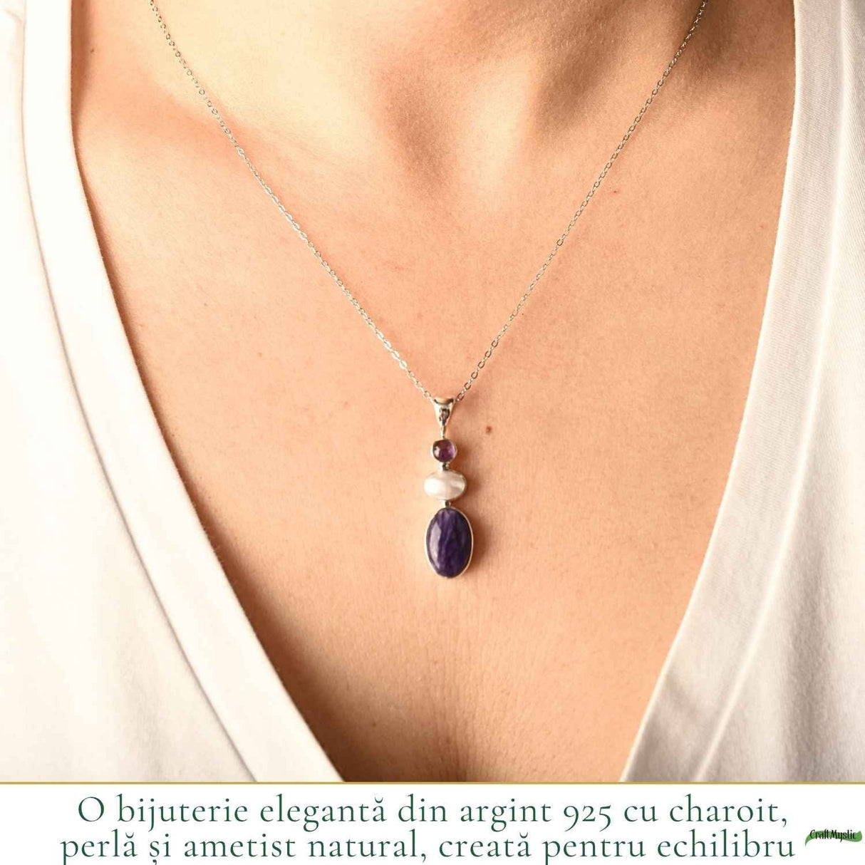 Colier Argint 925 cu Charoit, Perla si Ametist– Calm si Echilibru Emotional