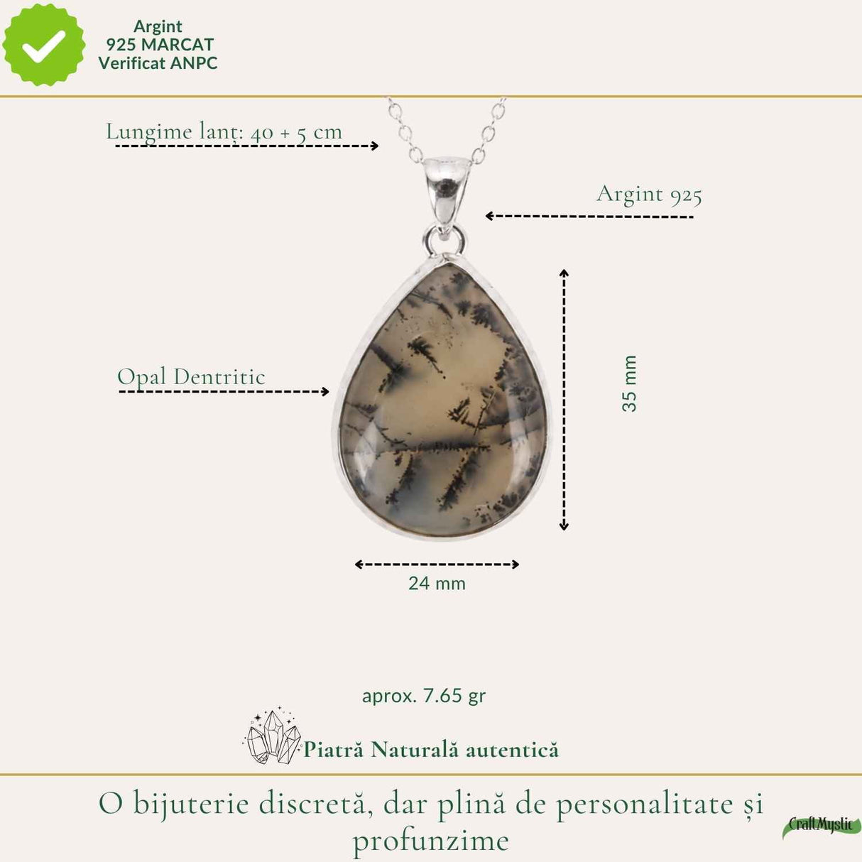 Colier Argint 925 cu Opal Dendritic – Echilibru si Claritate Interioara