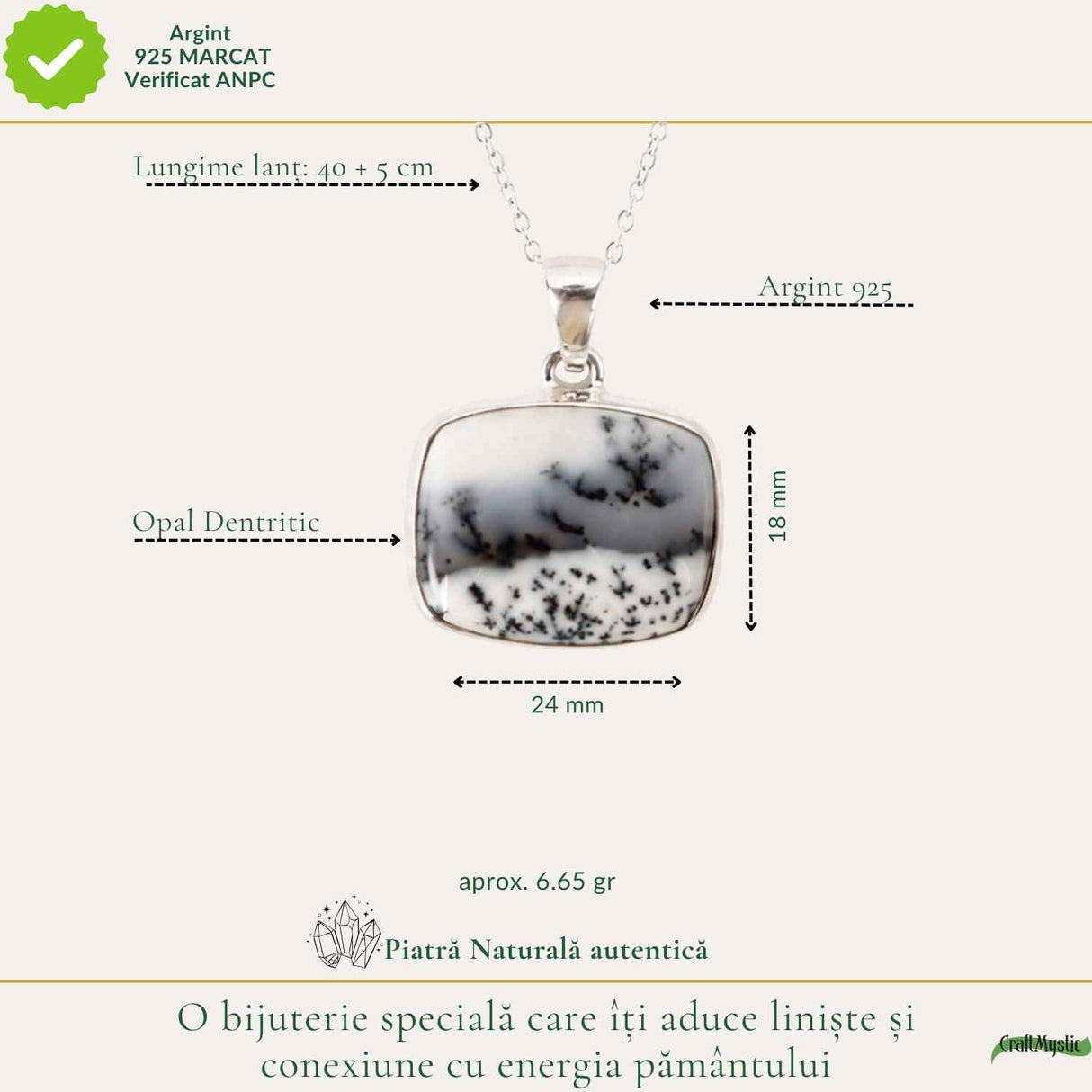 Colier Argint 925 cu Opal Dendritic Patrat – Claritate si Echilibru Interior