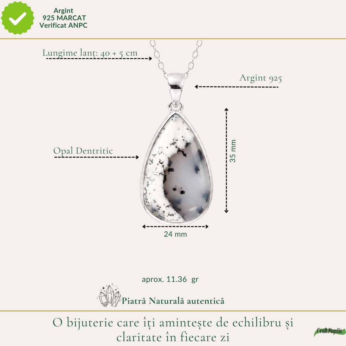 Colier Argint 925 cu Opal Dendritic Lacrima – Claritate si Echilibru Interior