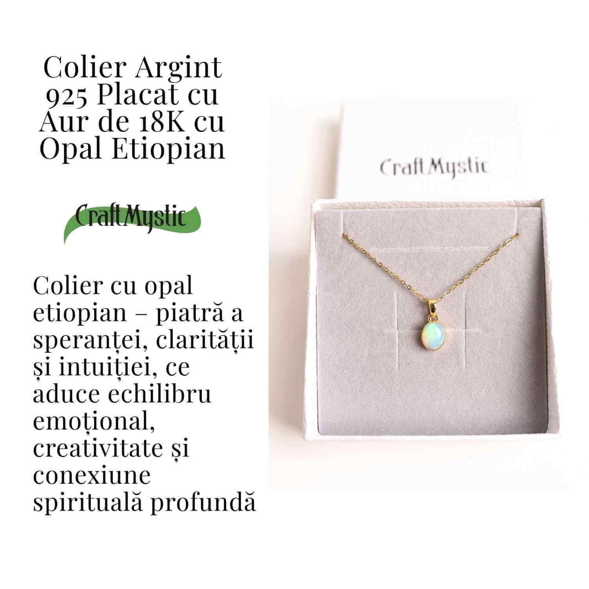 Colier cu lant inox si Opal Etiopian montura Argint 925 cu Aur 18K- Claritate si Intuitie
