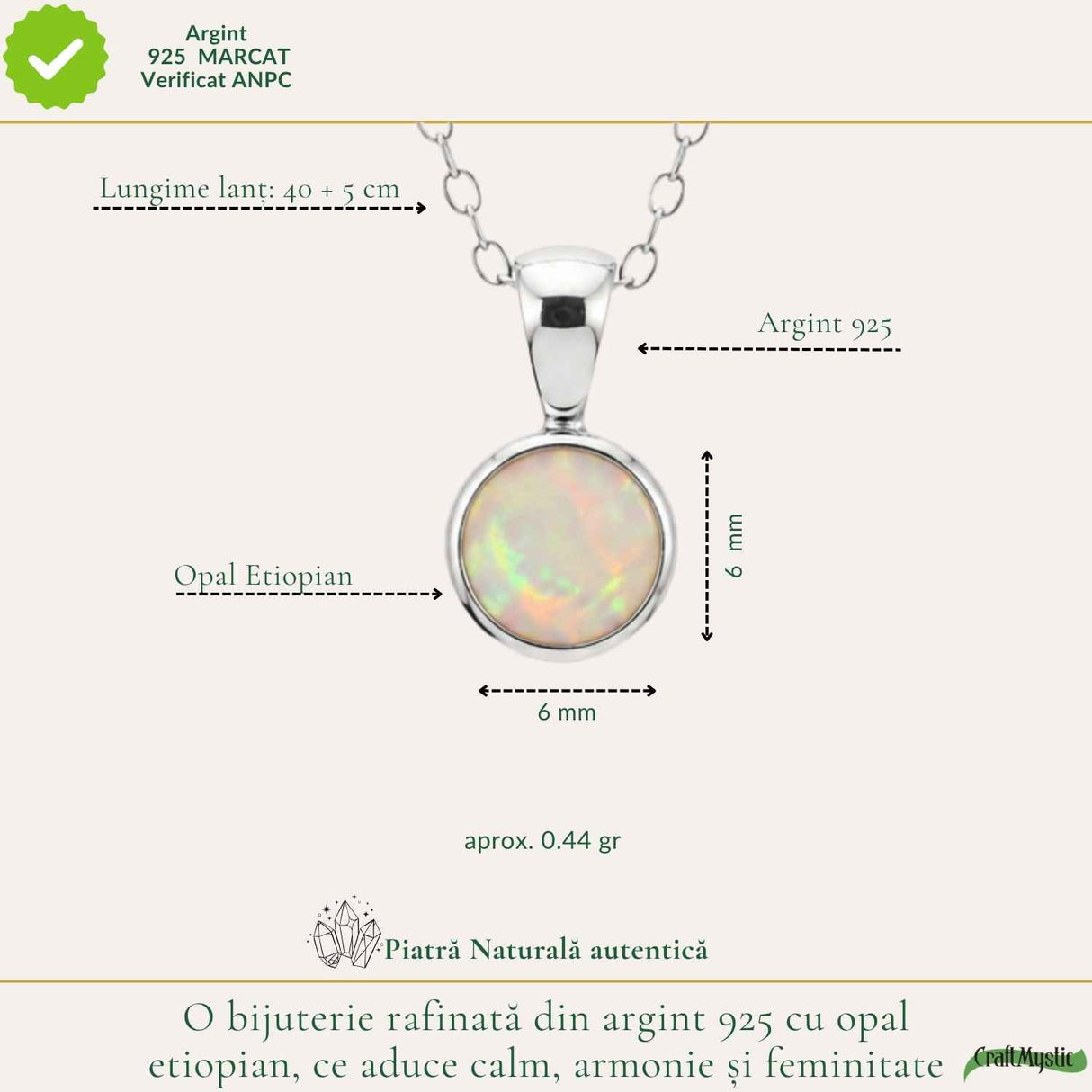 Colier Argint 925 cu Opal Etiopian Rotund – Energie Pozitiva si Claritate Interioara