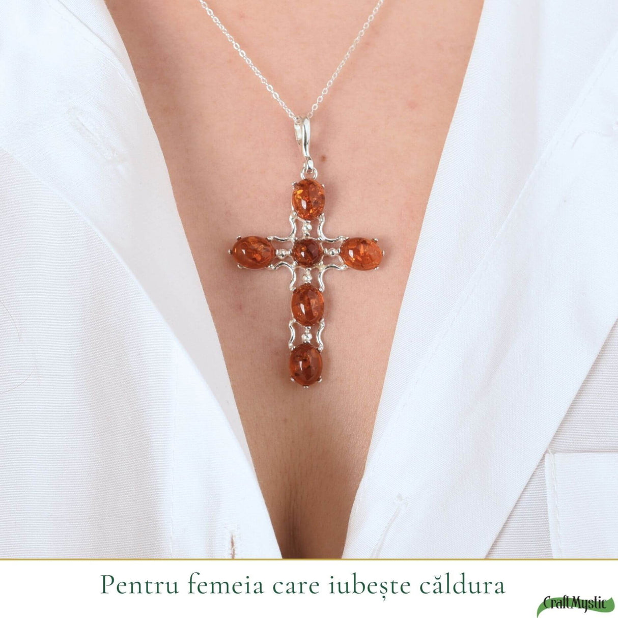 Colier argint 925 cu cruce din margele ovale si chihlimbar natural - Protectie si energie solara