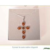 Colier argint 925 cu cruce din margele ovale si chihlimbar natural - Protectie si energie solara