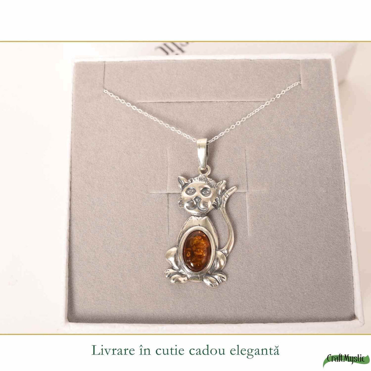 Colier argint 925 cu pisica si chihlimbar natural - Energie solara si protectie