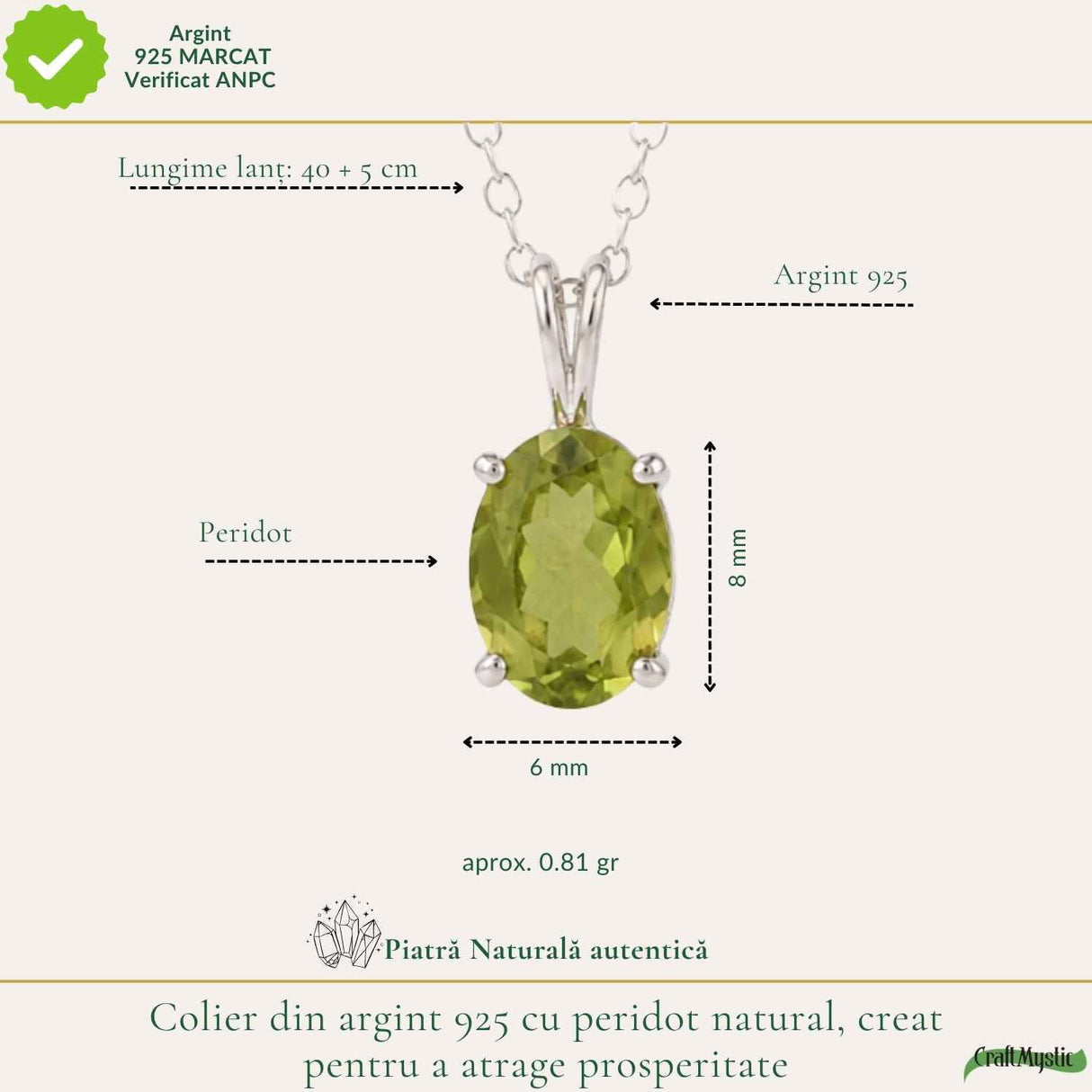 Colier Peridot Oval din Argint 925 – Prosperitate si Energie Pozitiva