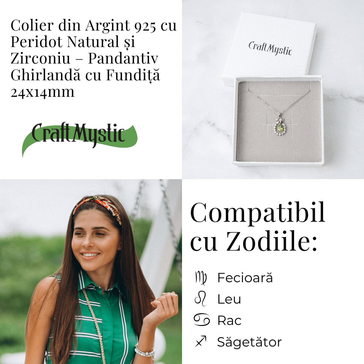 Colier Argint 925 cu Peridot Natural si Zirconiu - Pandantiv Ghirlanda cu Fundita, Simbol al Armoniei si Prosperitatii