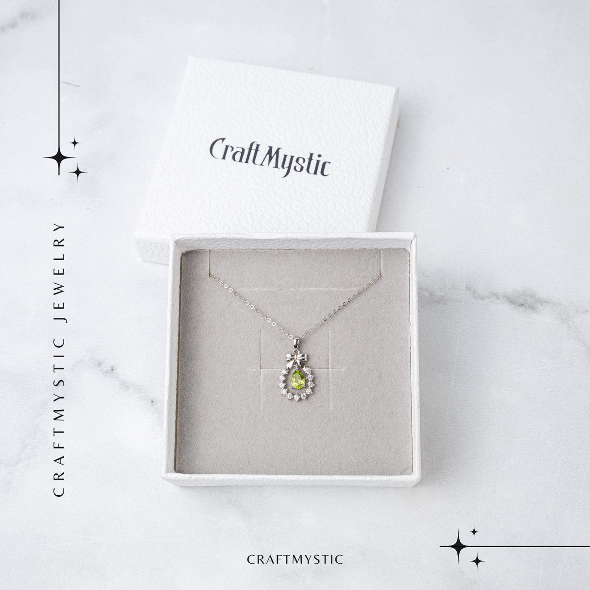 Colier Argint 925 cu Peridot Natural si Zirconiu - Pandantiv Ghirlanda cu Fundita, Simbol al Armoniei si Prosperitatii
