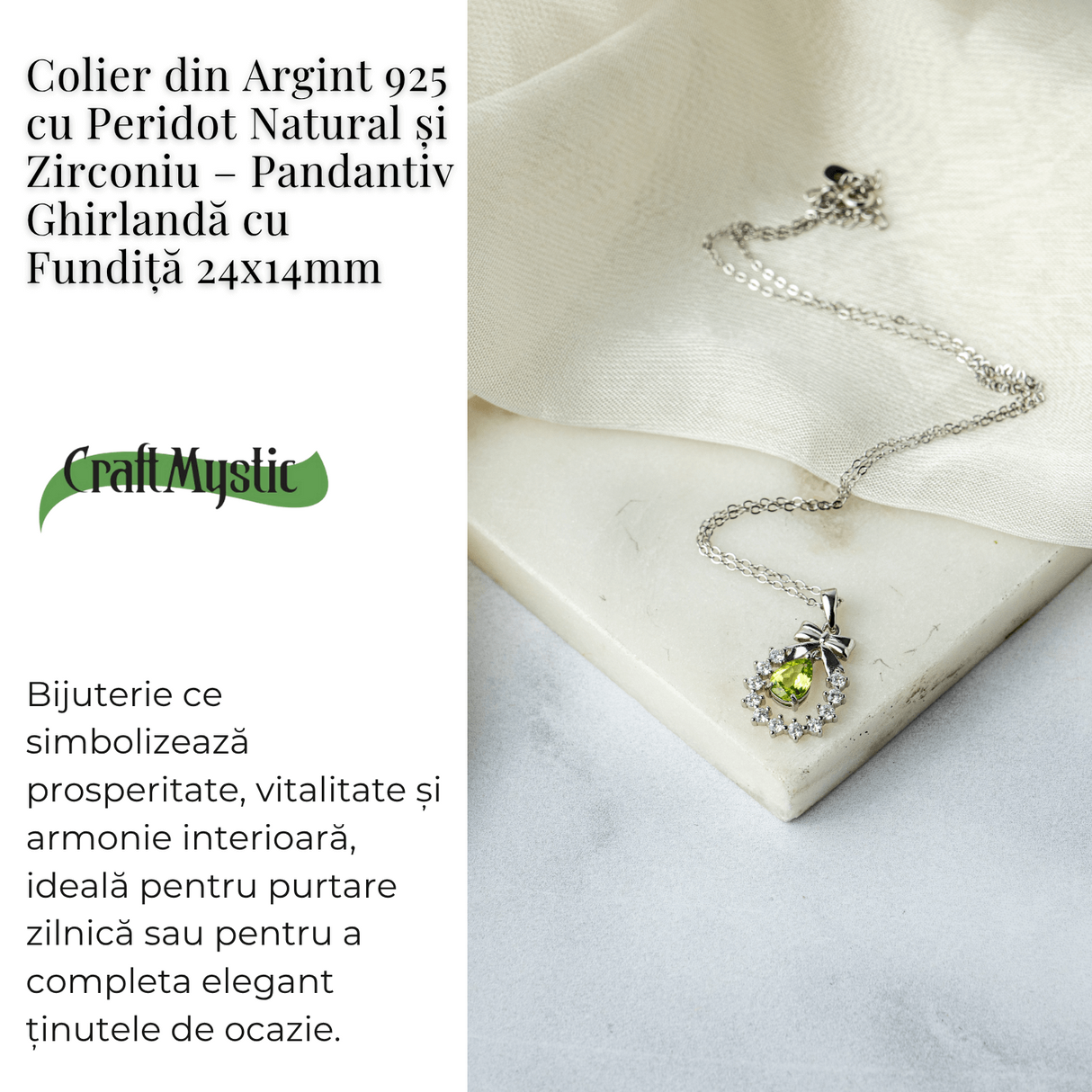 Colier Argint 925 cu Peridot Natural si Zirconiu - Pandantiv Ghirlanda cu Fundita, Simbol al Armoniei si Prosperitatii