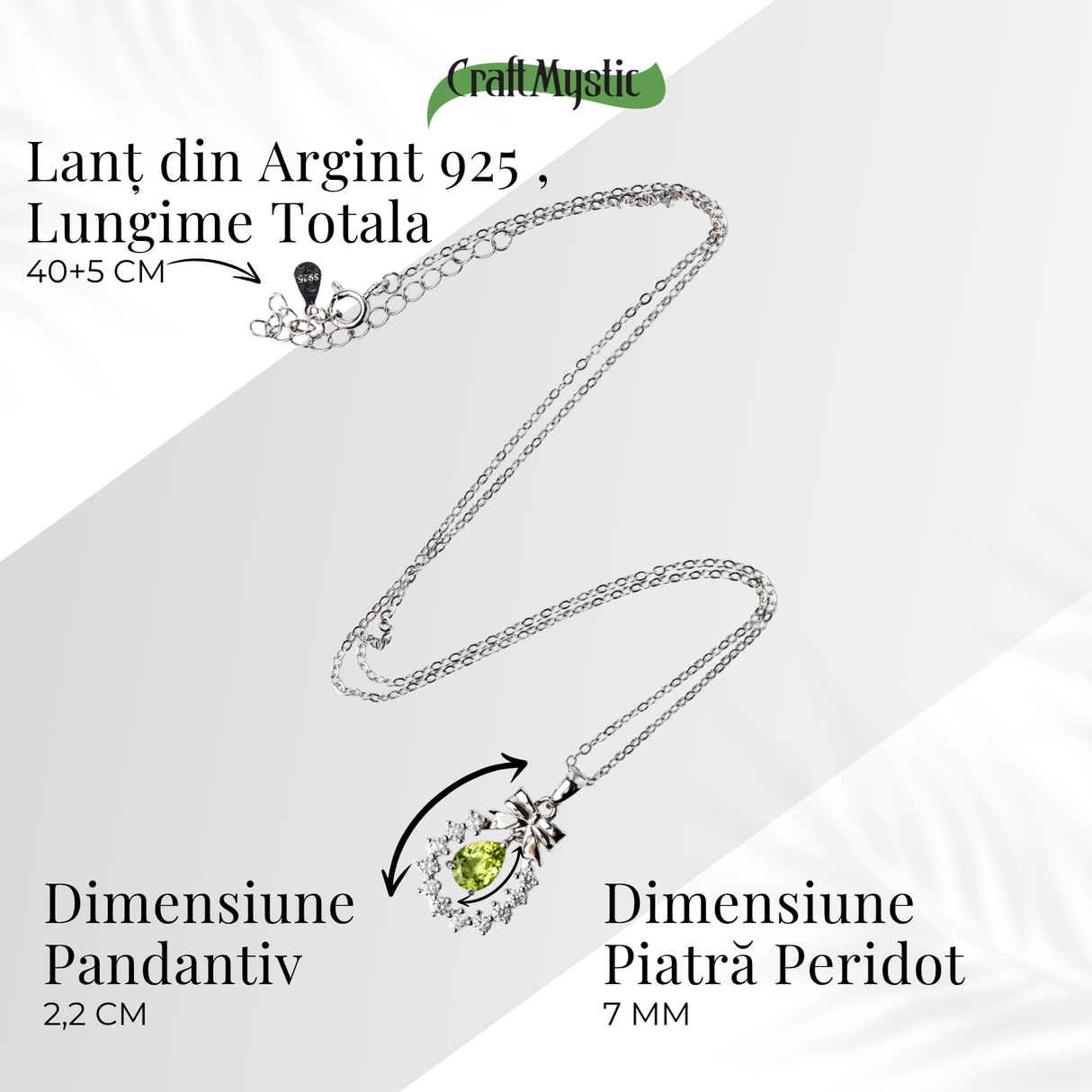 Colier Argint 925 cu Peridot Natural si Zirconiu - Pandantiv Ghirlanda cu Fundita, Simbol al Armoniei si Prosperitatii