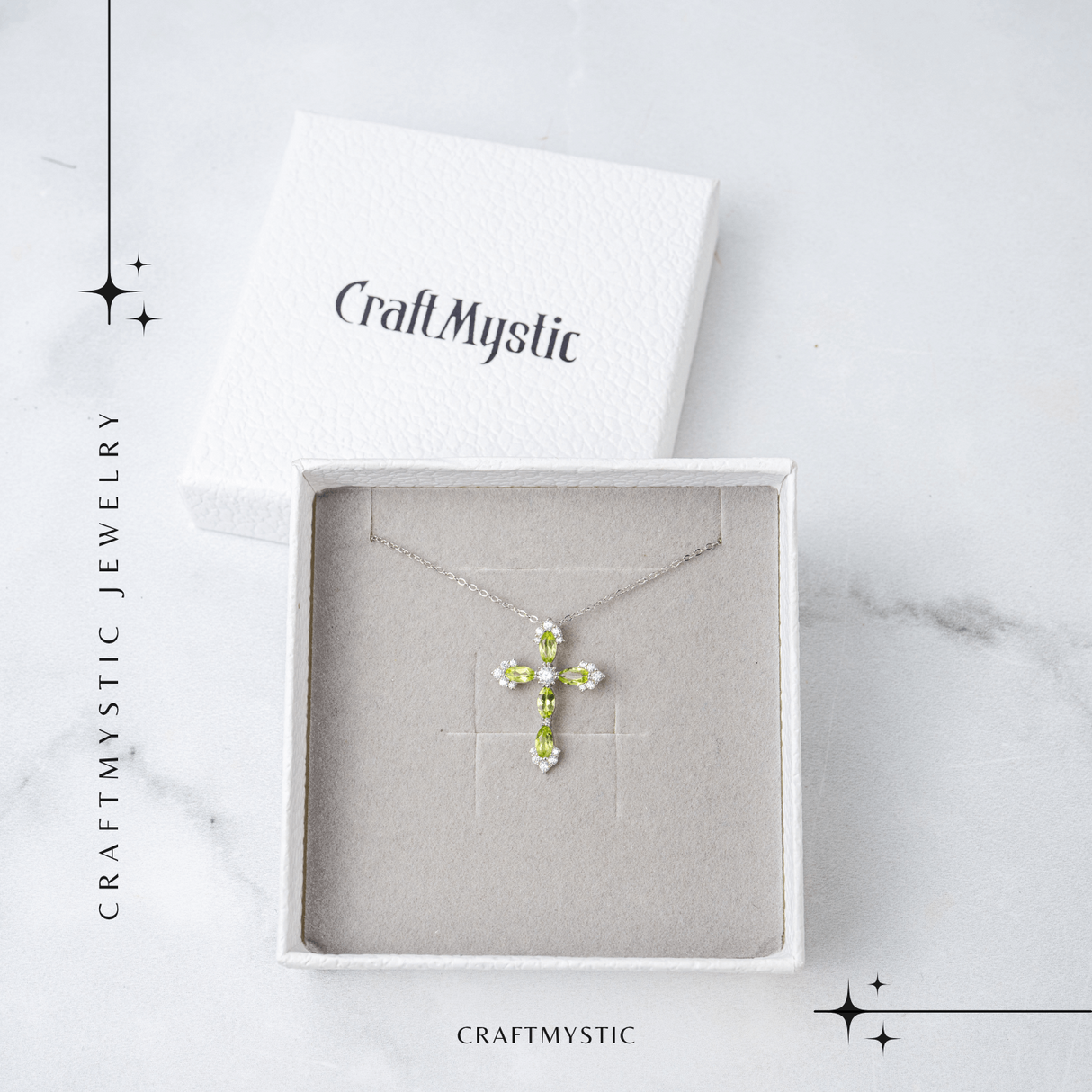 Colier Argint 925 cu Crucifix din Peridot Natural si Zirconiu - Simbol al Prosperitatii, Vitalitatii si Armoniei Interioare