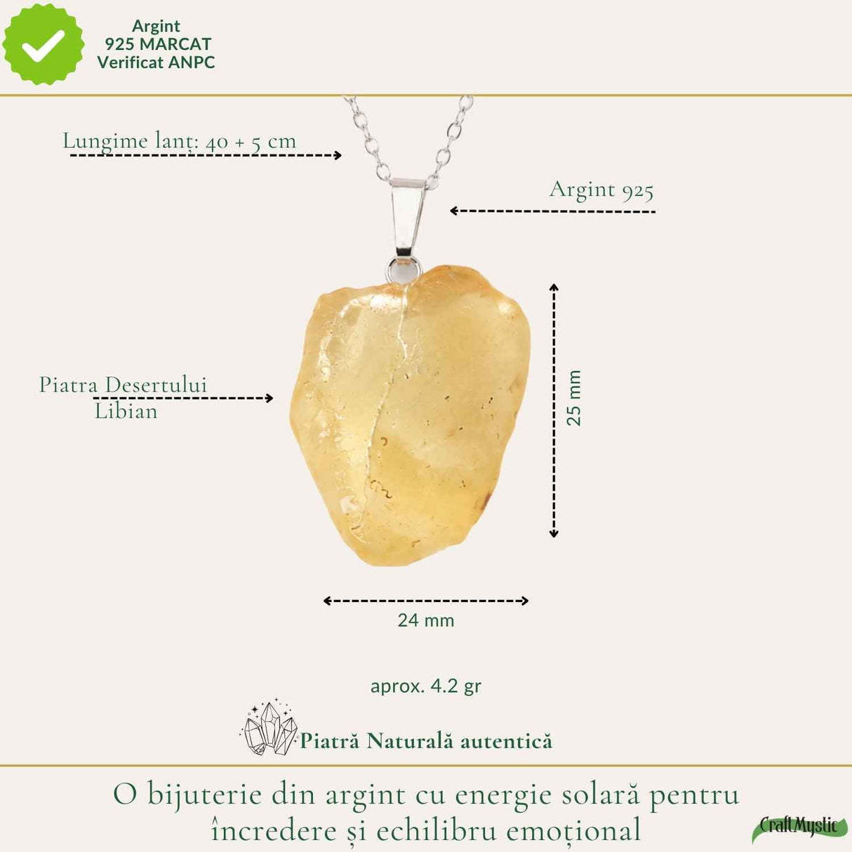 Colier Argint 925 cu Piatra Desertului Libian Brut – Protecte si Energie Solara