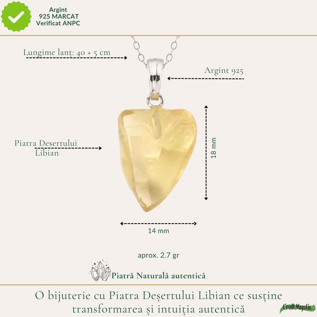 Colier Argint 925 cu Piatra Desertului Libian Brut – Claritate si Protectie Energetica