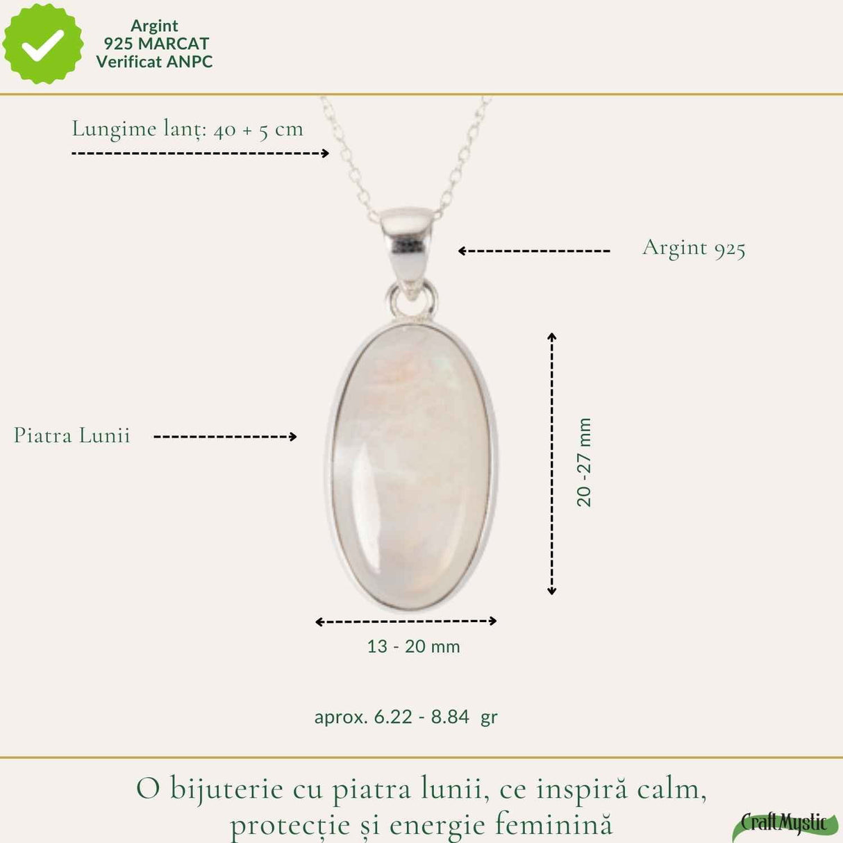 Colier Argint 925 cu Piatra Lunii Ovala – Intuitie si Echilibru Interior