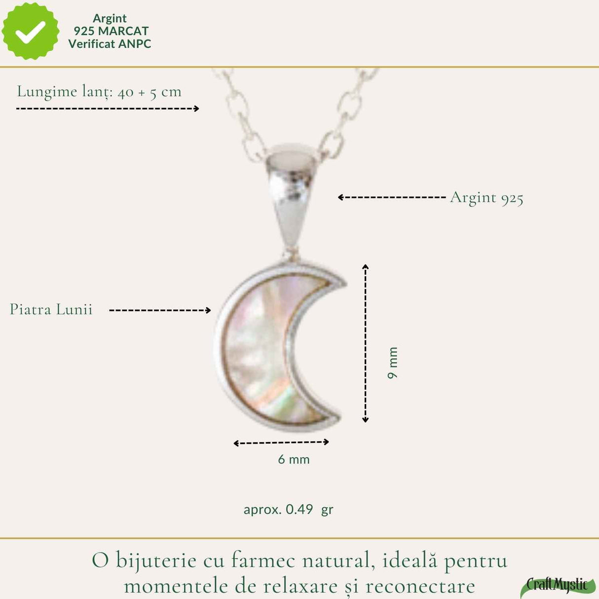 Colier Argint 925 cu Piatra Lunii Semiluna – Intuitie si Energie Lunara