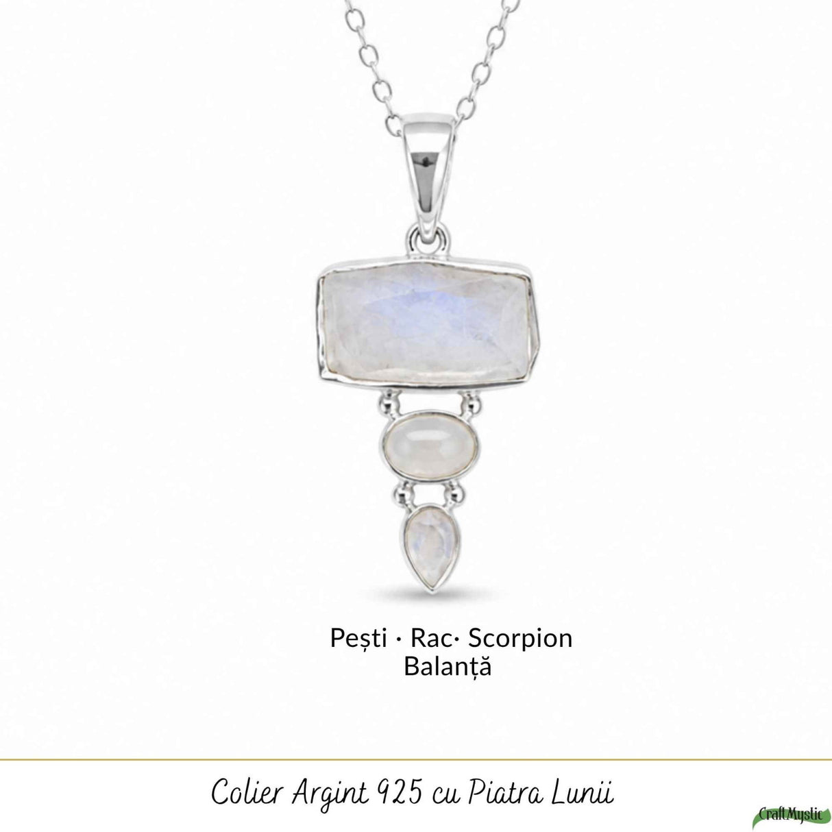 Colier Argint 925 cu Tripla Piatra Lunii – Intuitie si Echilibru Emotional