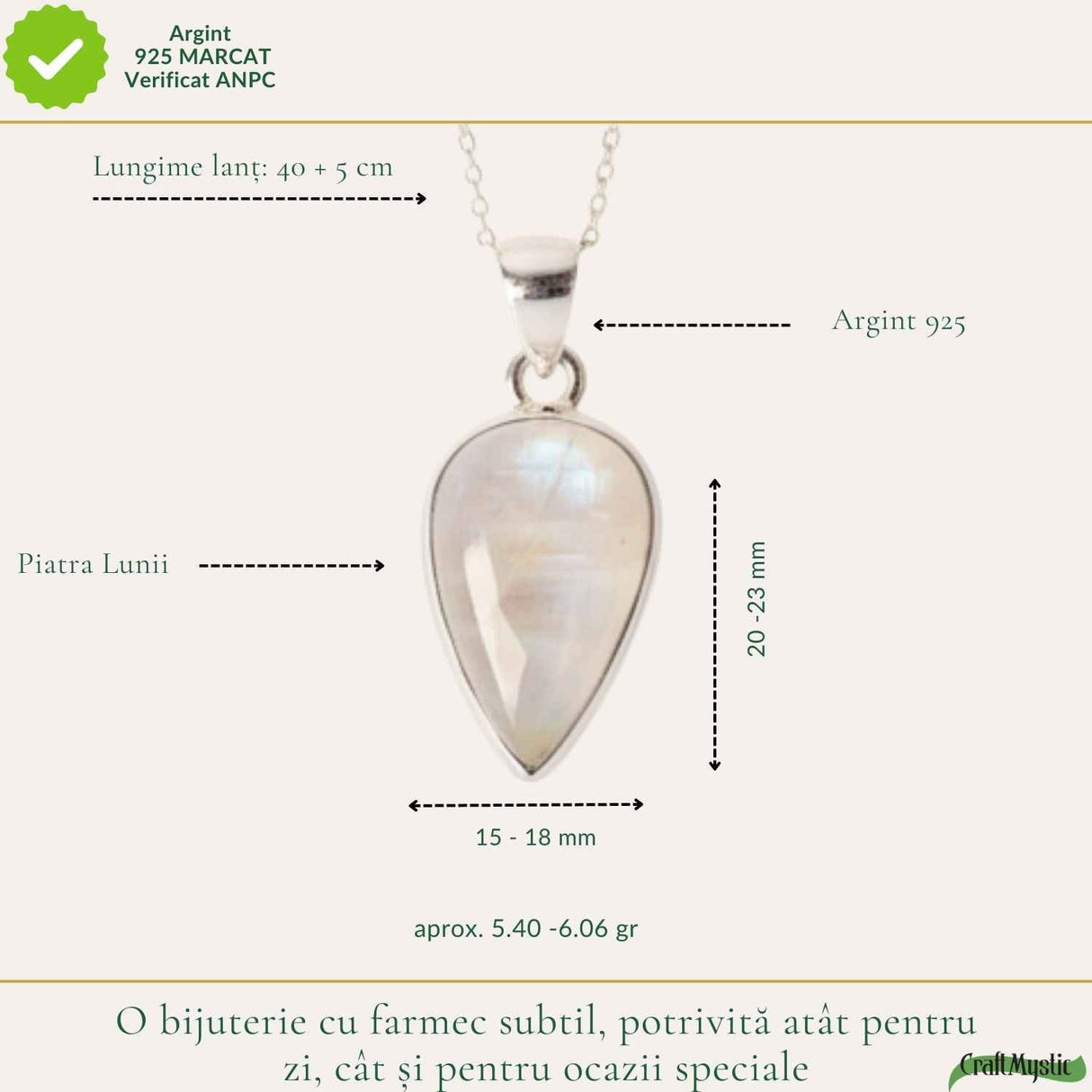 Colier Argint 925 cu Piatra Lunii Lacrima – Intuitie si Echilibru Feminin