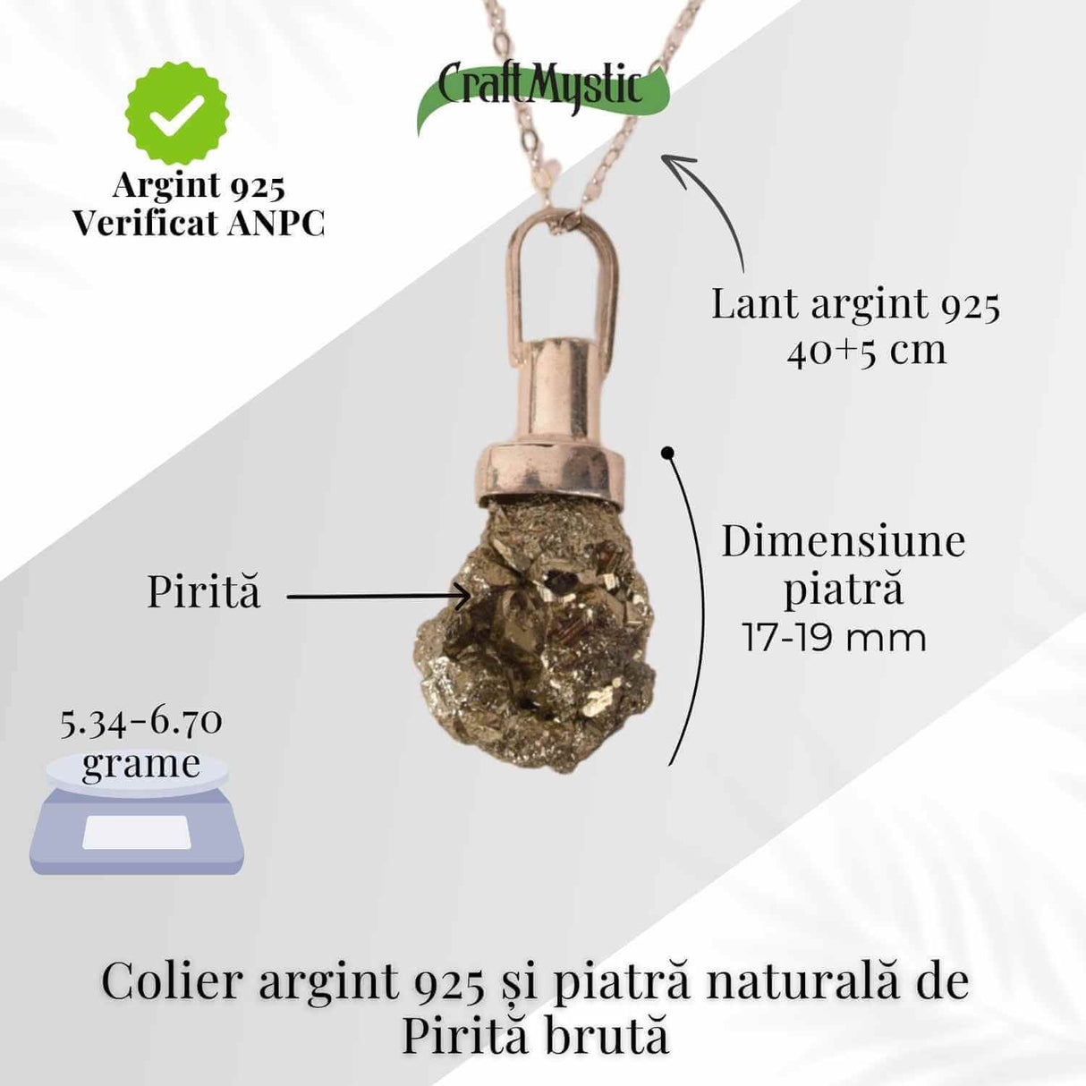 Colier Argint 925 cu Piatra Naturala de Pirita Bruta - Protectie si Energie Abundenta