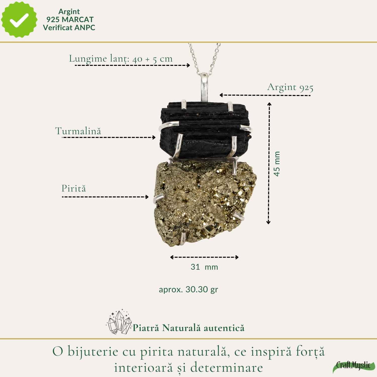 Colier argint 925 cu Pirita si Turmalina neuniform – Protectie si incredere