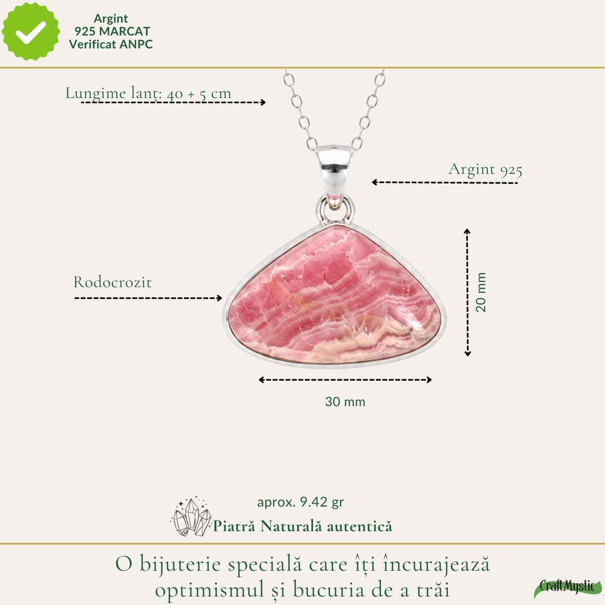 Colier Argint 925 cu Rodocrozit Natural Lacrima – Armonie si Iubire de Sine