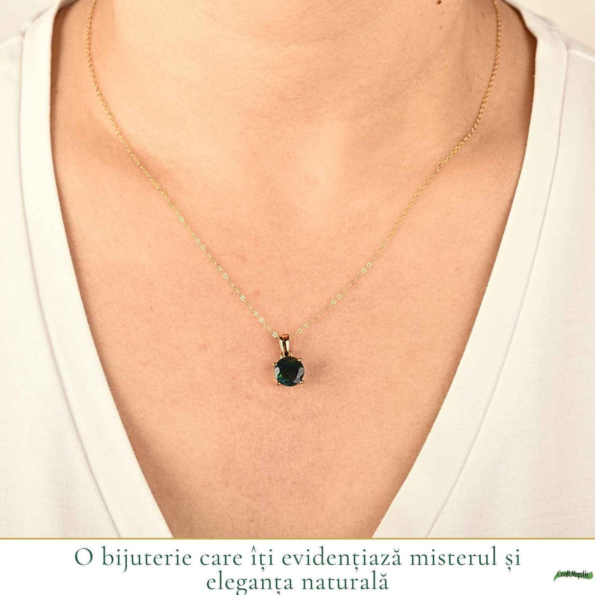 Colier Argint 925 Placat cu Aur 18K cu Opal Negru Rotund – Protectie si Mister