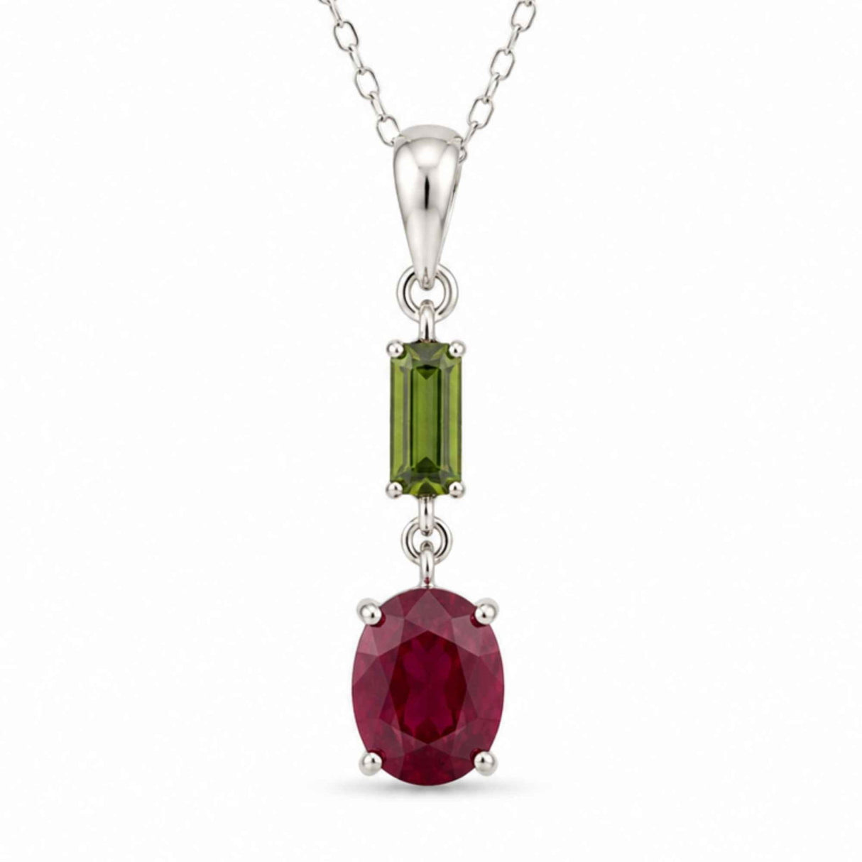Colier Argint 925 cu Rubin si Turmalina Verde Naturala Oval si Dreptunghi – Iubire si Echilibru Interior
