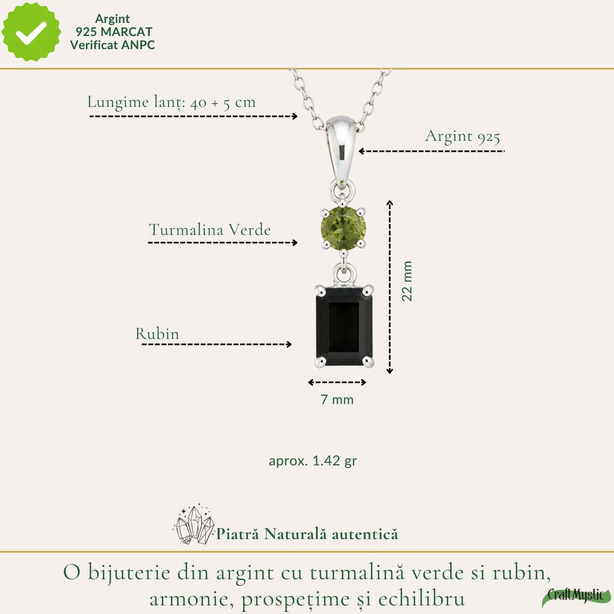Colier Argint 925 cu Rubin si Turmalina Verde Naturala Rotund si Dreptunghi – Dragoste si Armonie