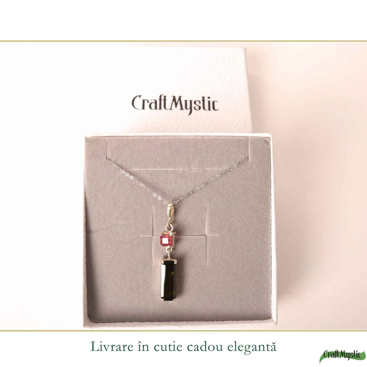 Colier Argint 925 cu Rubin si Turmalina Verde Naturala Patrat si Dreptunghi – Dragoste si Echilibru