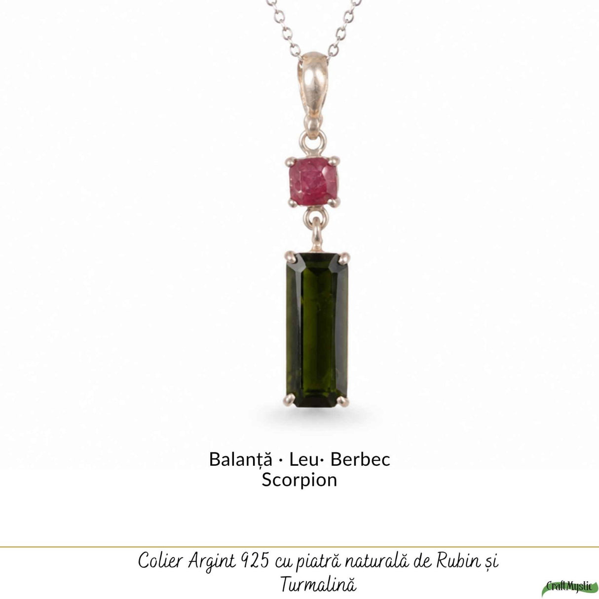 Colier Argint 925 cu Rubin si Turmalina Verde Naturala Patrat si Dreptunghi – Dragoste si Echilibru