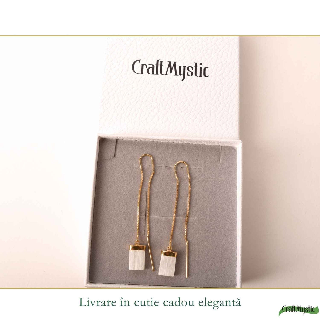 Cercei Argint 925 Placat cu Aur 18K cu Selenit Dreptunghiular – Liniste si Purificare