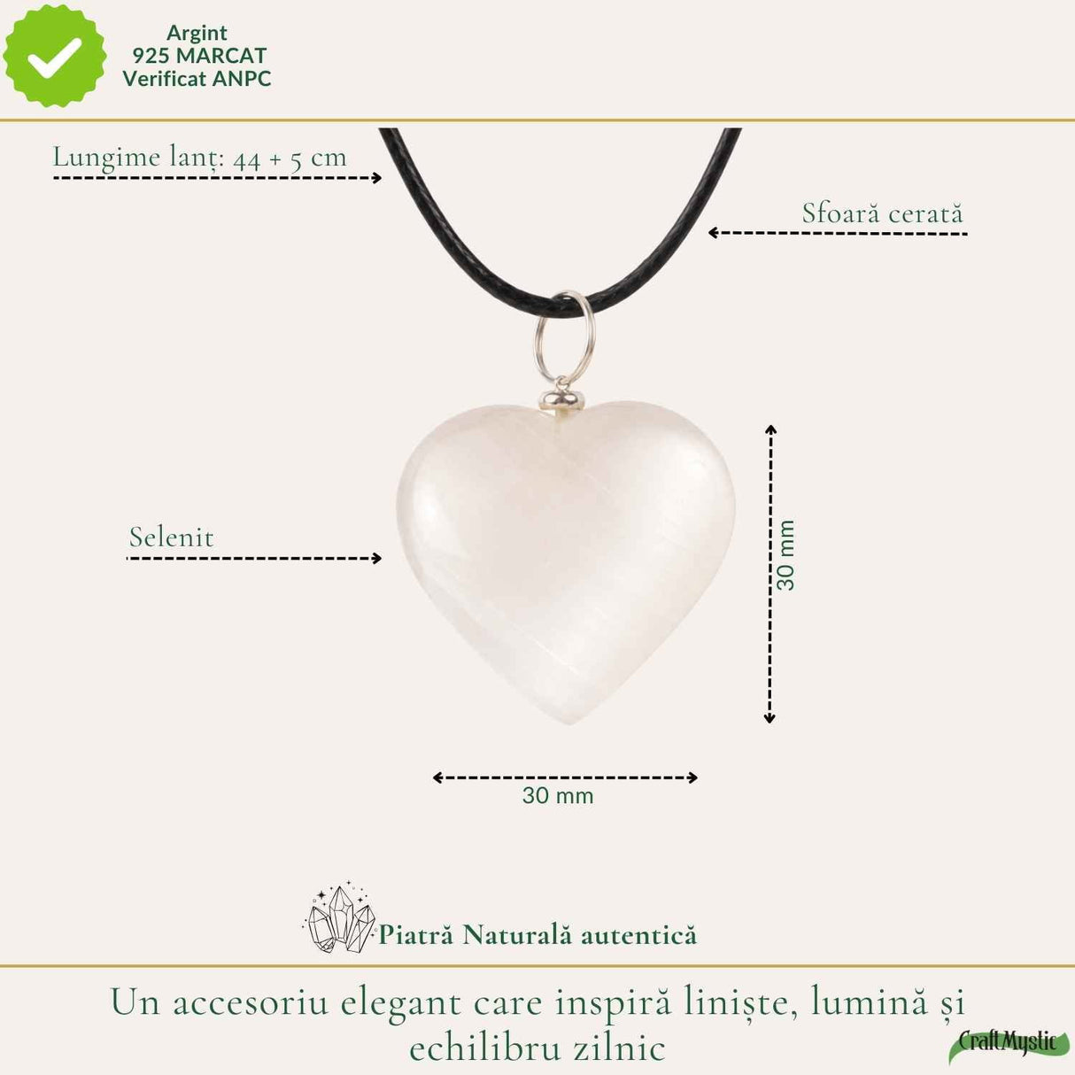 Colier cu Selenit Natural in Forma de Inima – Puritate, Lumina si Armonie Interioara