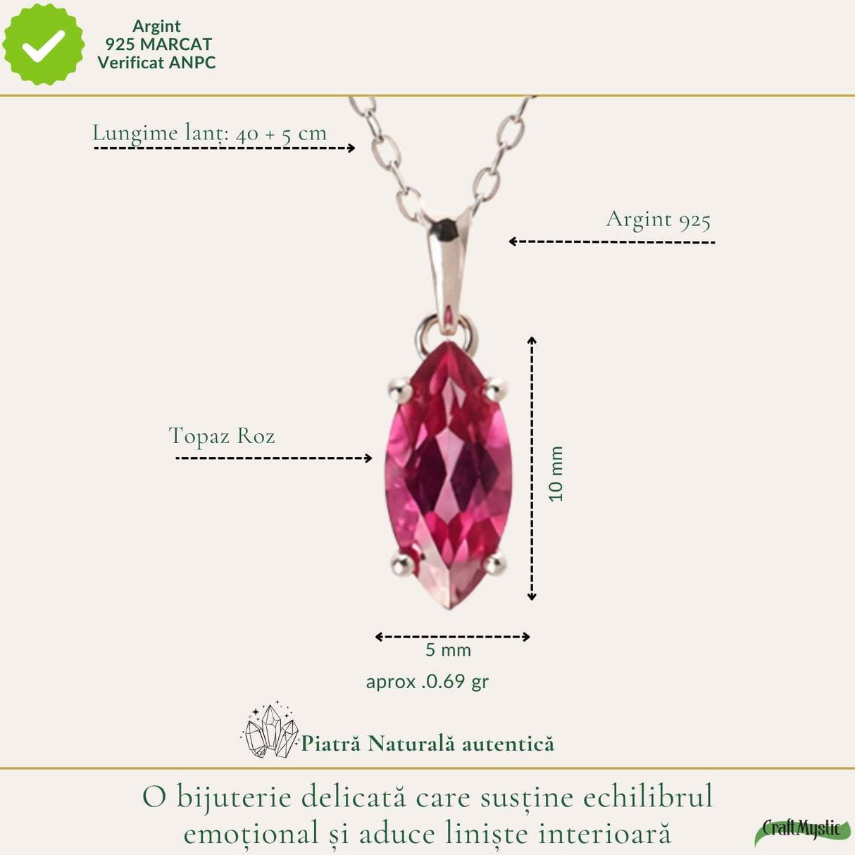 Colier Argint 925 cu Topaz Roz Fatetat – Delicatete si Iubire de Sine