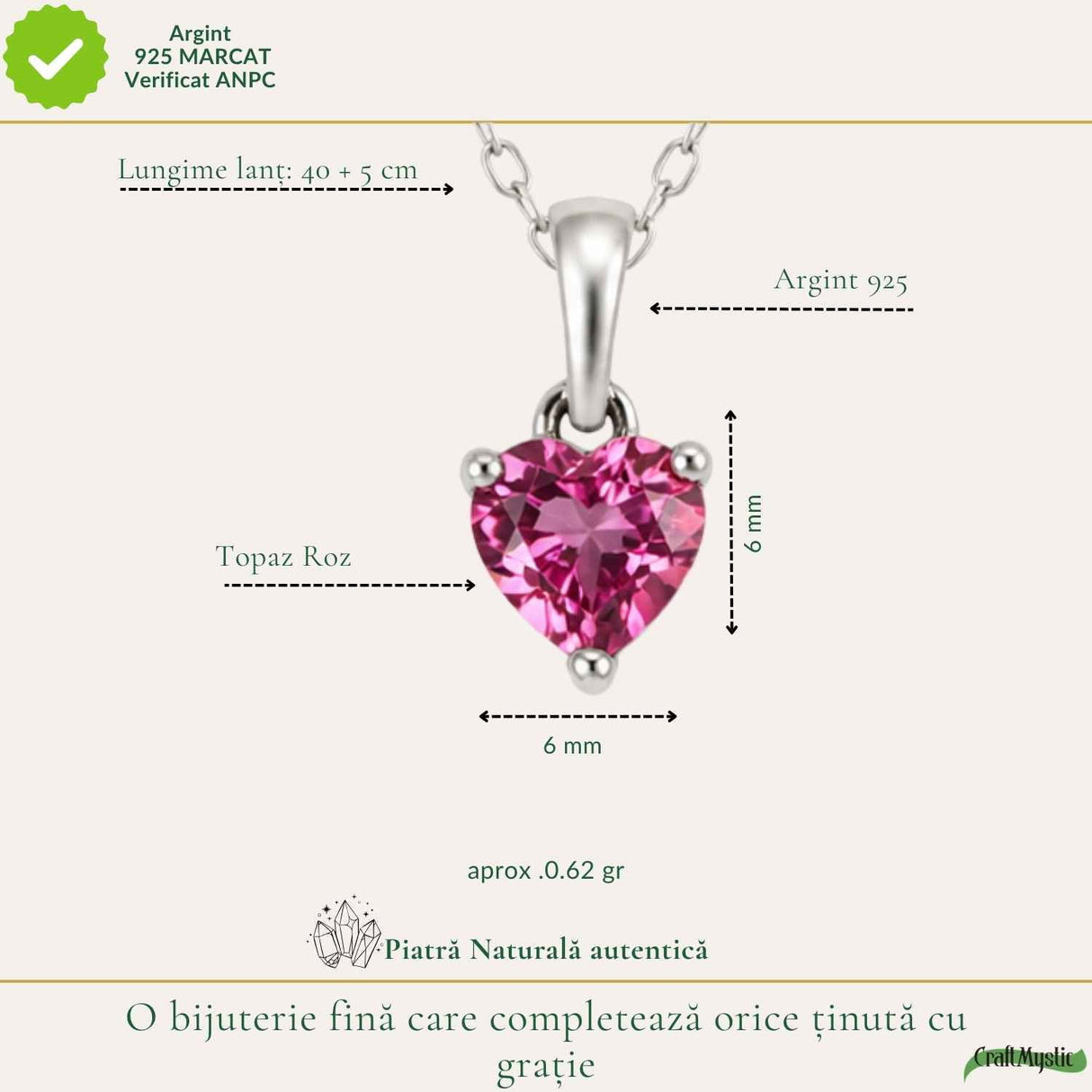 Colier argint 925 cu Topaz Roz forma de inima – Iubire si armonie