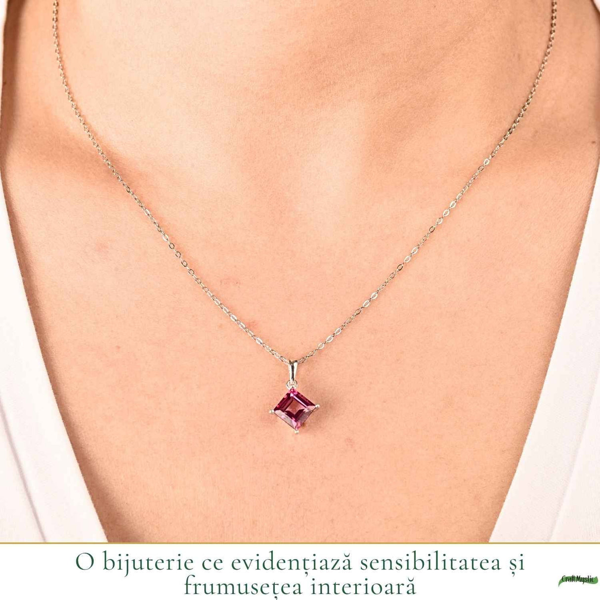 Colier argint 925 cu Topaz Roz forma de patrat – Iubire si echilibru emotional