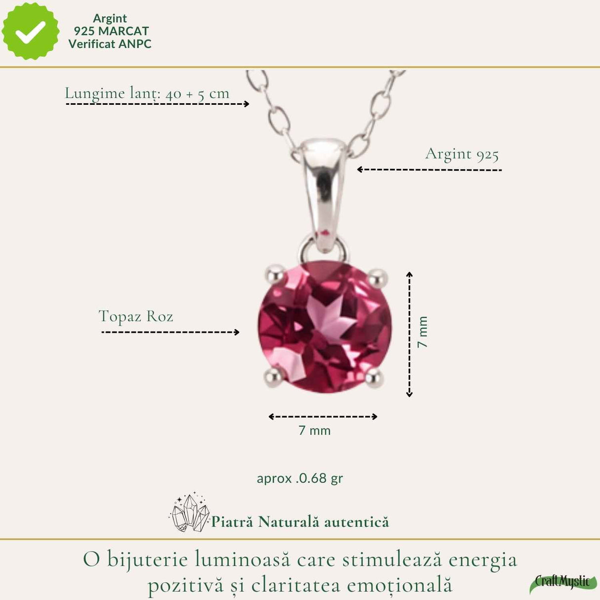 Colier Argint 925 cu Topaz Roz Rotund – Armonie si Iubire de Sine