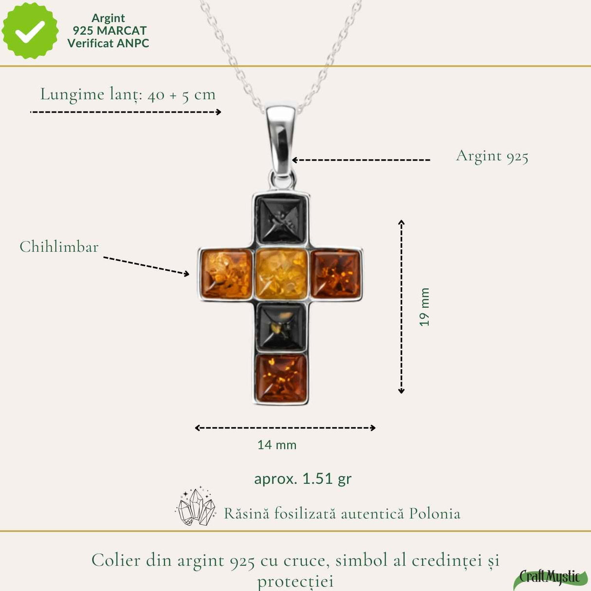 Colier Argint 925 Cruce cu Chihlimbar Natural in 3 Culori - Protectie si Energie Calda