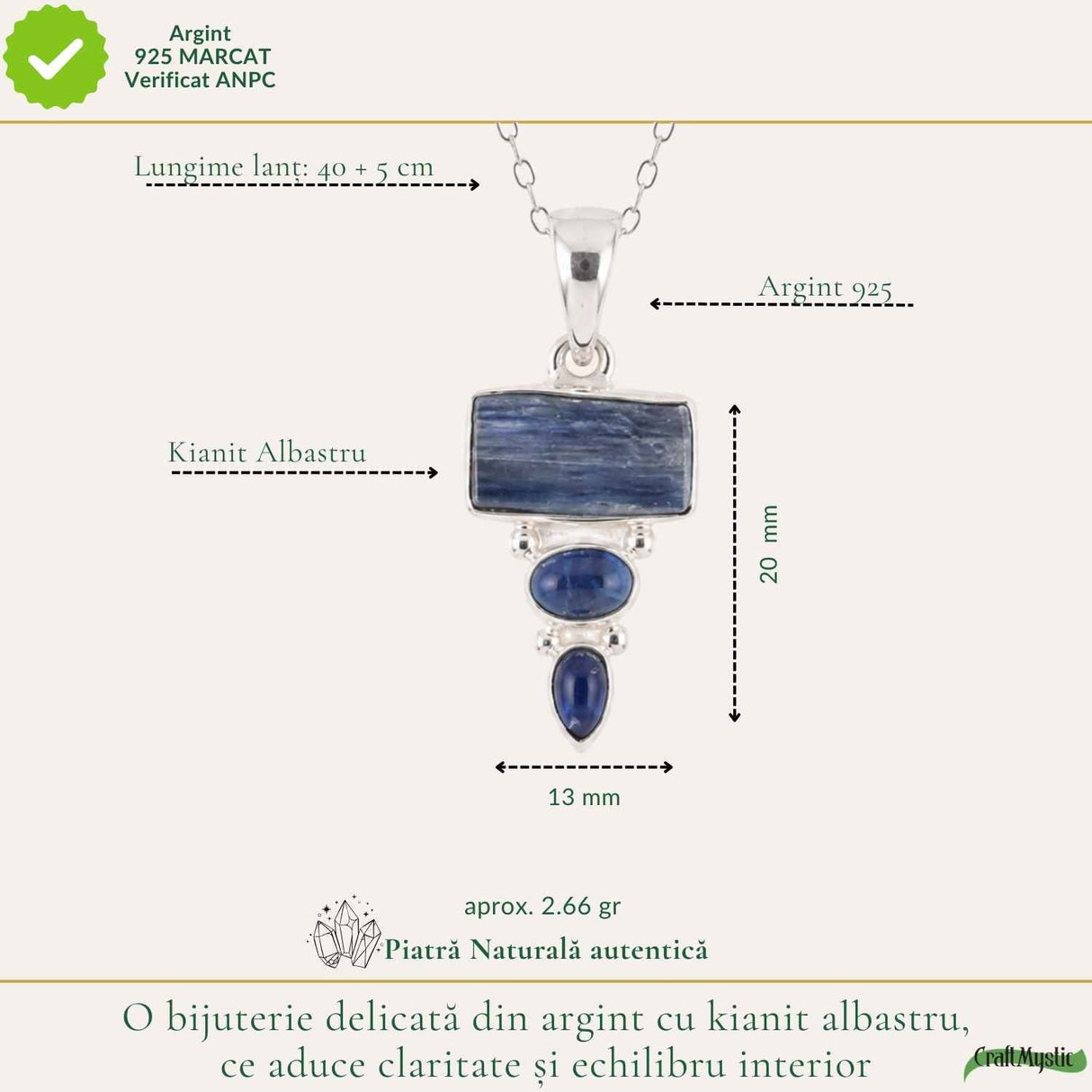 Colier Argint 925 cu Triplu Kianit Albastru – Claritate si Echilibru Interior