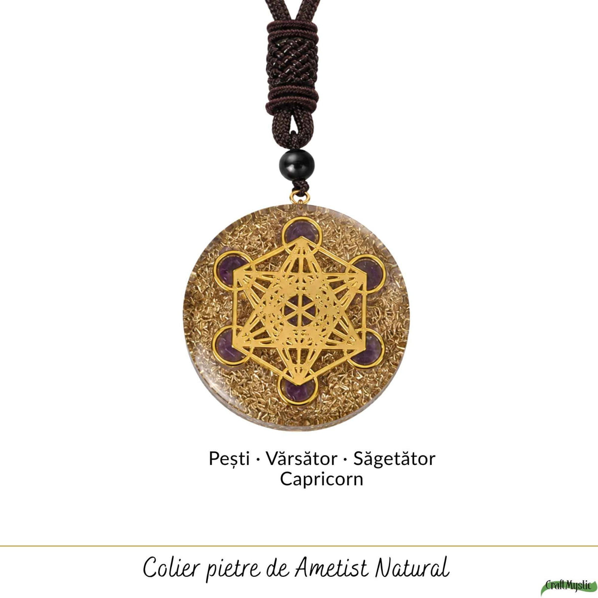 Colier Orgonit cu pietre naturale de Ametist si Cubul lui Metatron – Protectie, Intuitie si Armonie