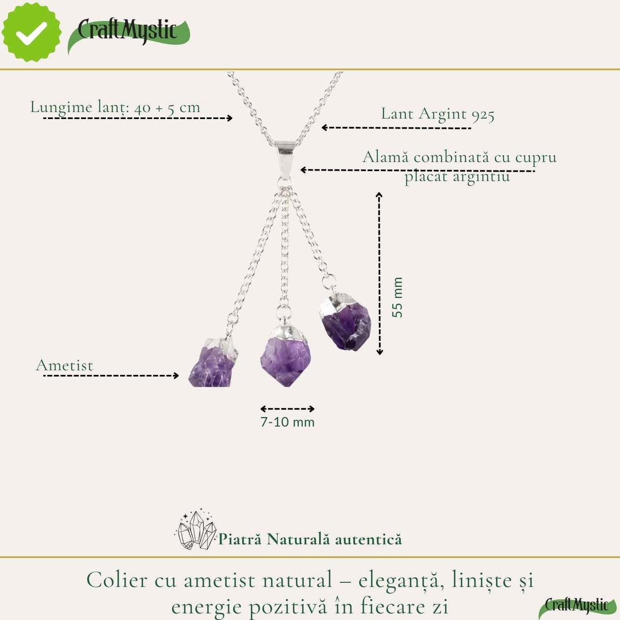 Colier cu Triplu Ametist Brut Natural – Claritate, Calm si Echilibru Interior