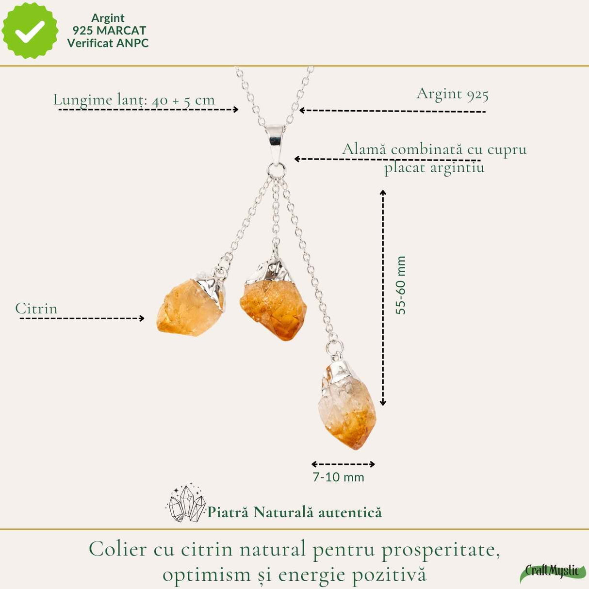 Colier cu Triplu Citrin Brut Natural – Abundenta, incredere si Energie Pozitiva