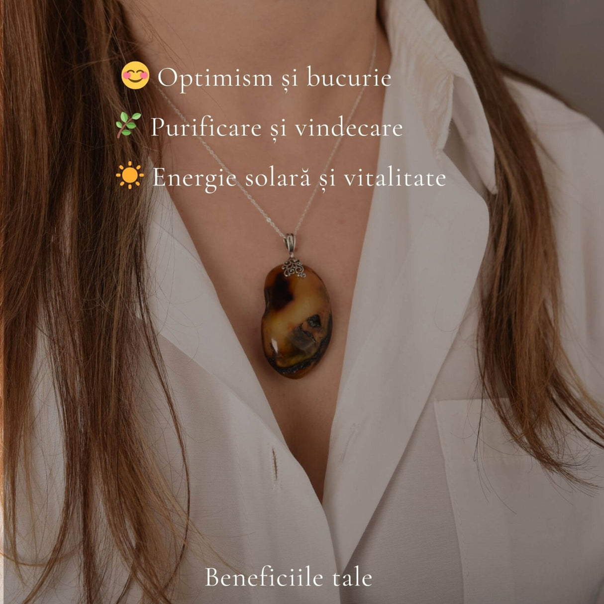 Colier argint 925 cu pandantiv oval si chihlimbar natural - Energie solara si eleganta