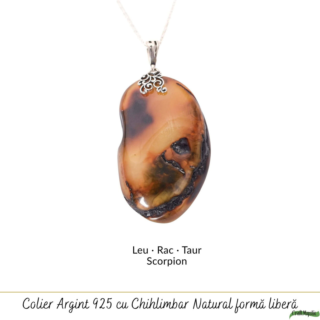 Colier argint 925 cu pandantiv oval si chihlimbar natural - Energie solara si eleganta