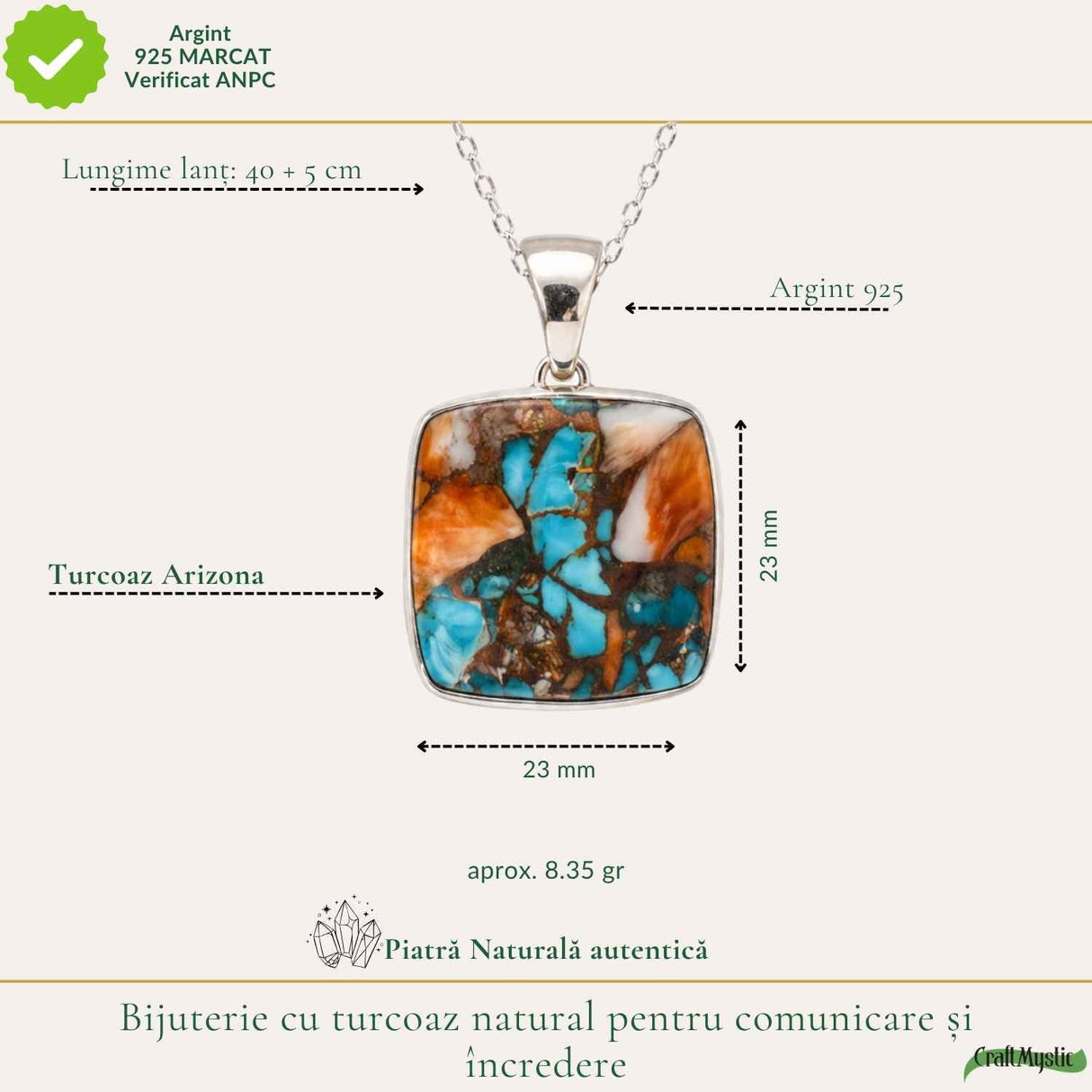 Colier argint 925 cu Turcoaz Arizona patrat – Protectie si stabilitate