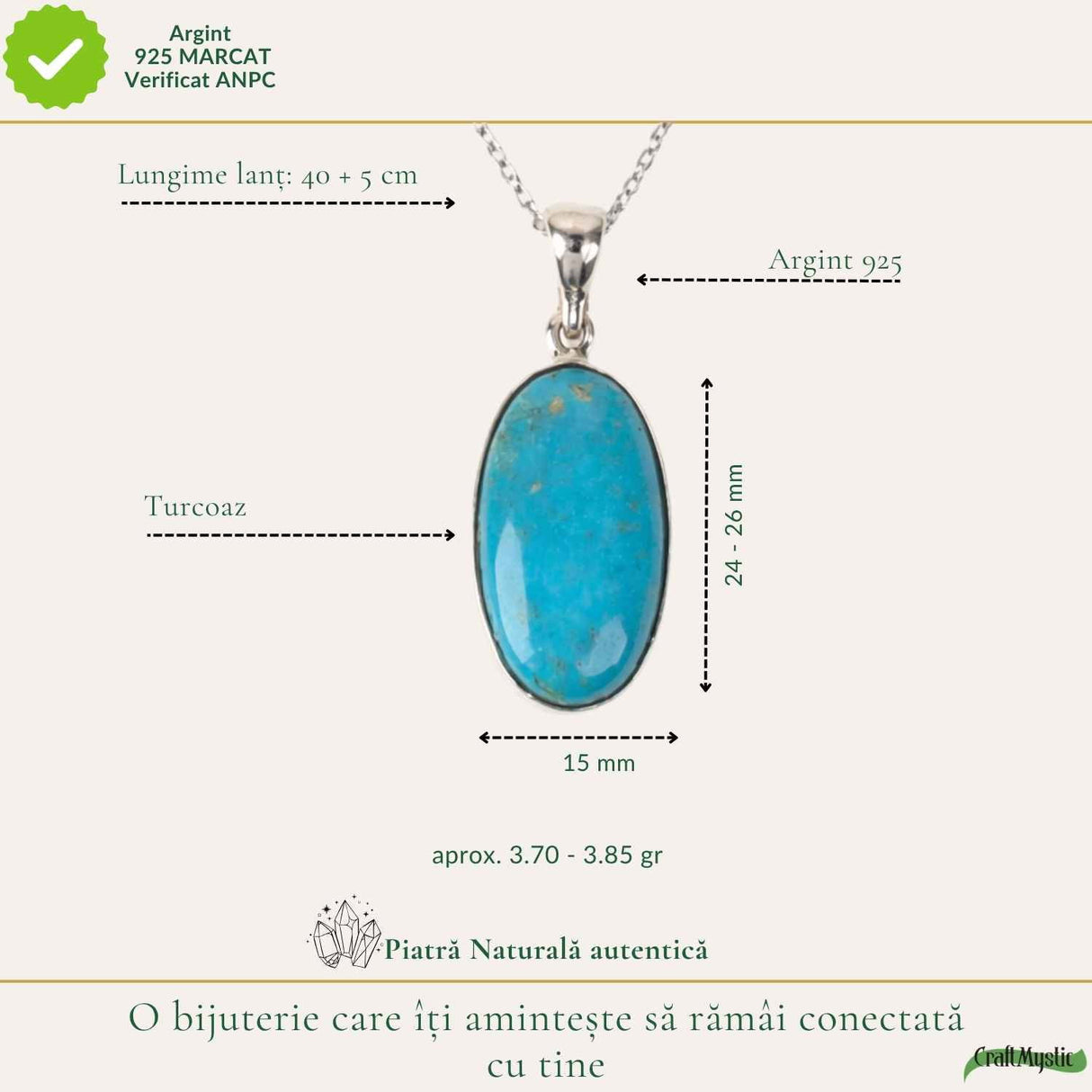 Colier argint 925 cu Turcoaz oval – Protectie si echilibru interior