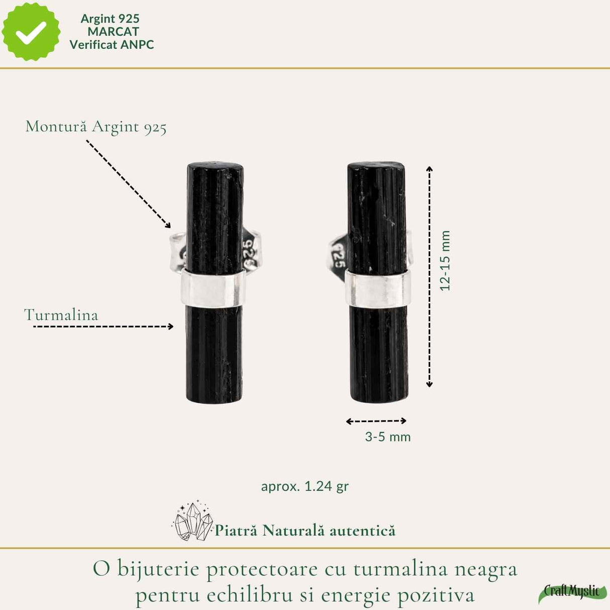 Cercei Argint 925 cu Turmalina Neagra – Protectie si Echilibru Zilnic