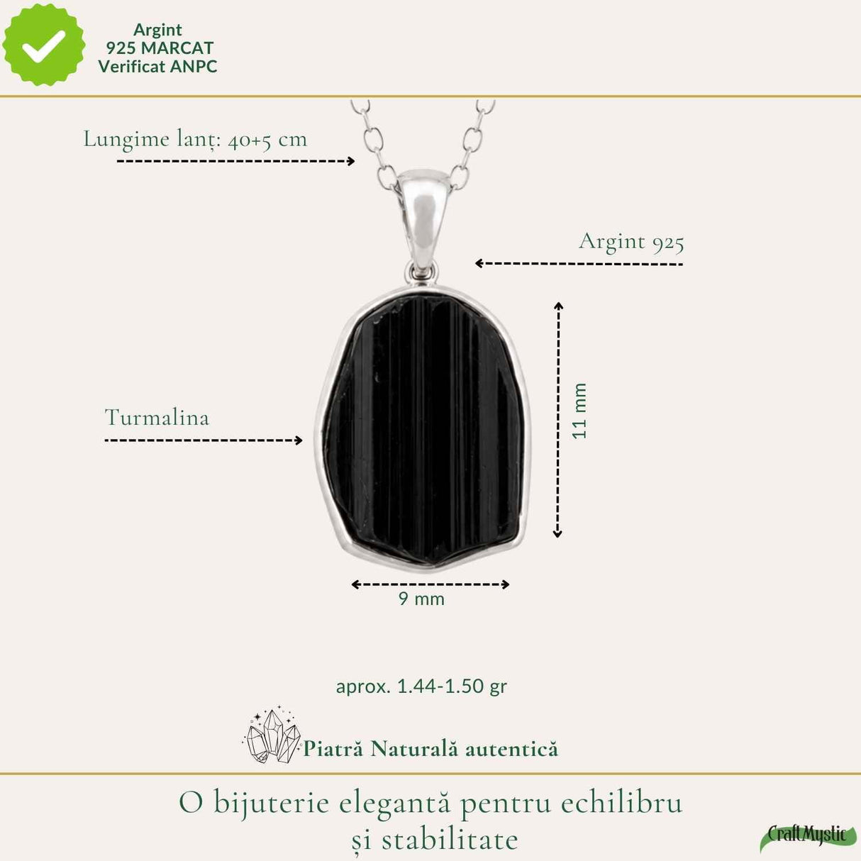 Colier Argint 925 cu Turmalina Naturala Neuniforma – Protectie si Energie Pozitiva