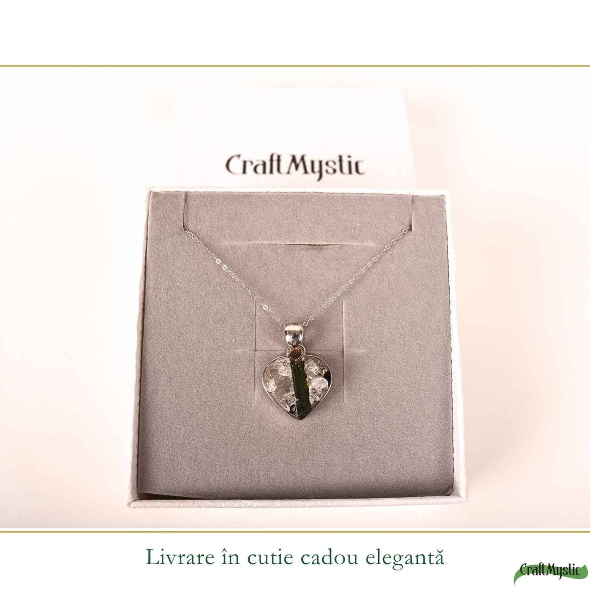 Colier Argint 925 cu Turmalina Verde si Cuart foma de Inima – Armonie si Iubire