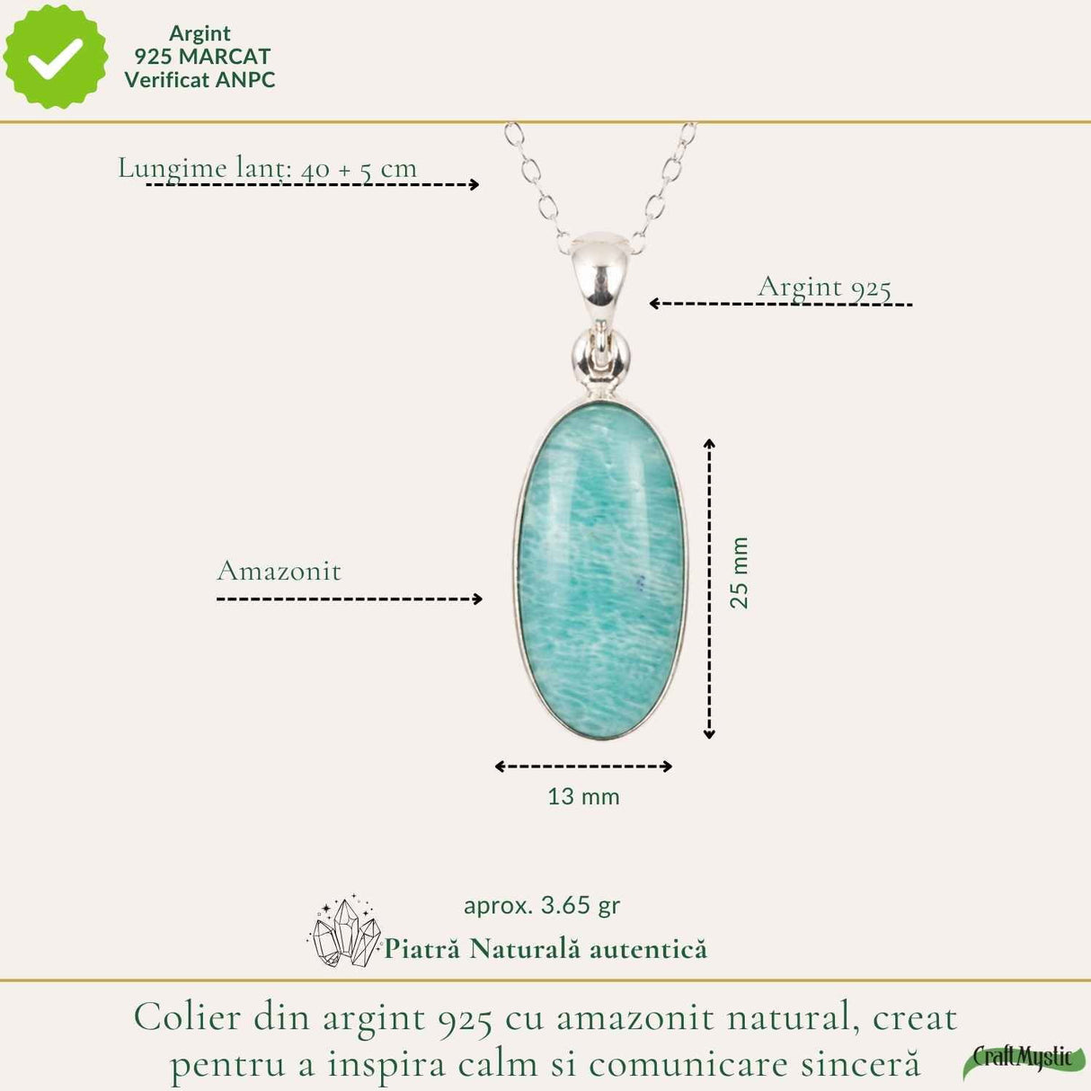 Colier Amazonit Oval din Argint 925 – Calm Interior si Comunicare Armonioasa